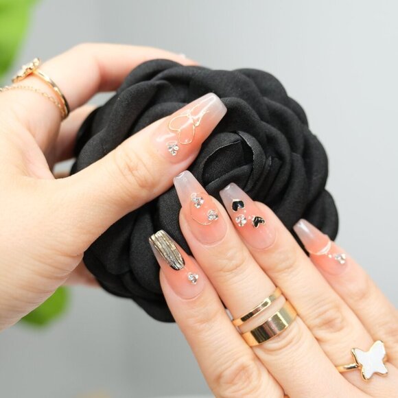 tipsy | Handmade Press On Nails | Coffin Medium | Little Black Hearts - Picture 10 of 16